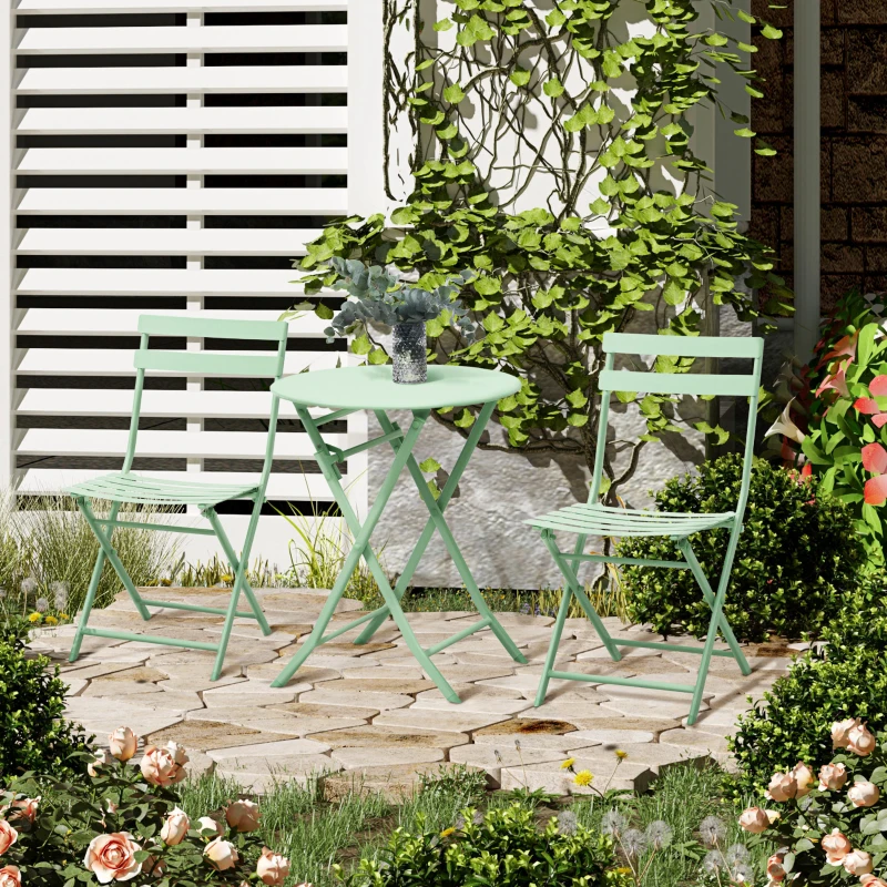 Outsunny 3 Pieces Patio Bistro Conversation Coffee Set Foldable Garden Table & Chair for Outdoor Yard Porch Poolside Balcony Green