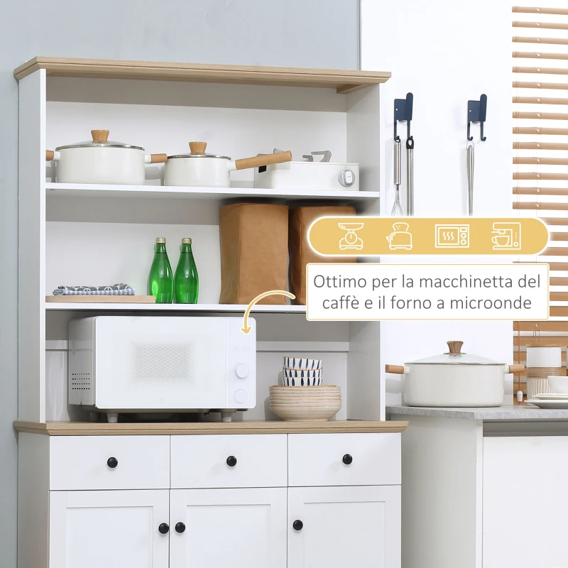 HOMCOM Credenza da Cucina in Legno Bianco con 3 Ripiani, 3 Cassetti e 2 Armadietti 101x39x180.5 cm