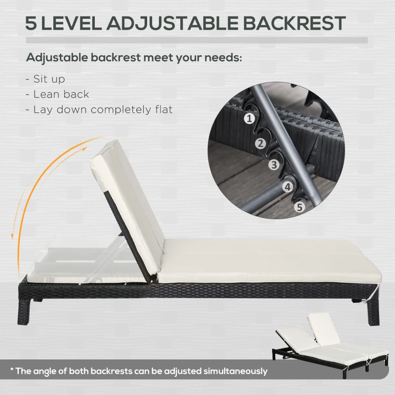 Outsunny 2 Person Rattan Wicker Adjustable Chaise Lounge Chair with Cushions Black/Cream White