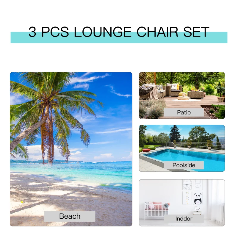 Outsunny 3 Pieces Sun Lounger Chair Set - Metal Frame Garden Outdoor Sunbathing Chair with Side Table and Armrest, Black