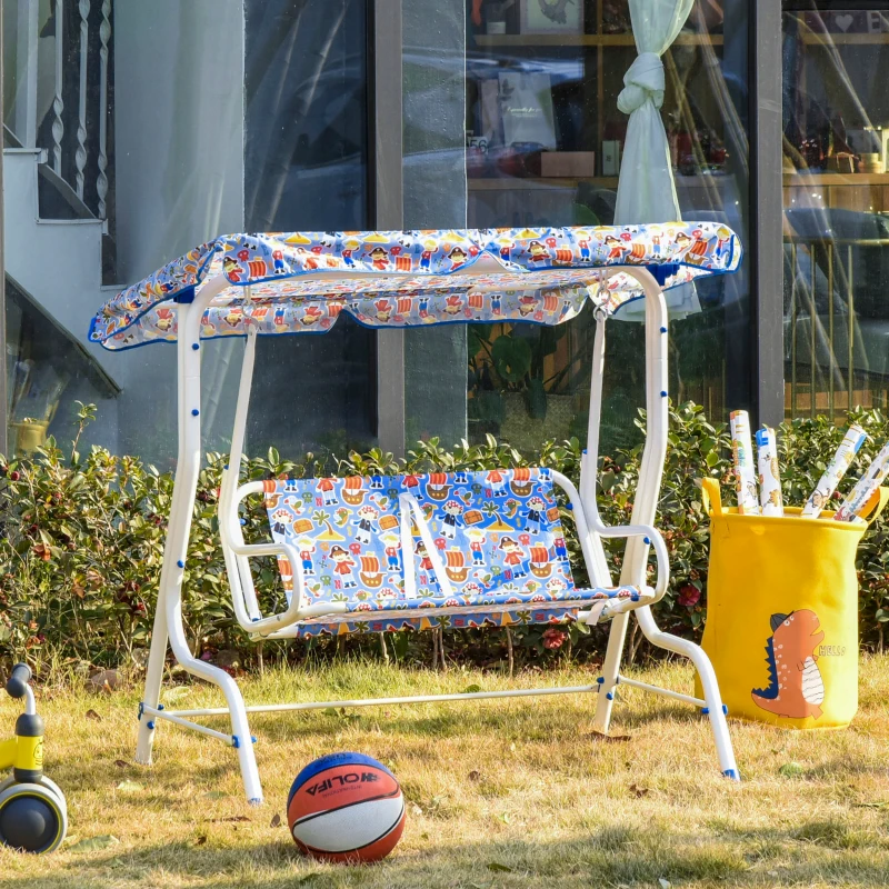OUTSUNNY 2-Seat Kids Canopy Swing Chair Toddler Outdoor Glider Hammock Lounge with Shade Awning Seat Belt for Porch Backyard Pirate Pattern 43.25" x 27.5" x 43.25"
