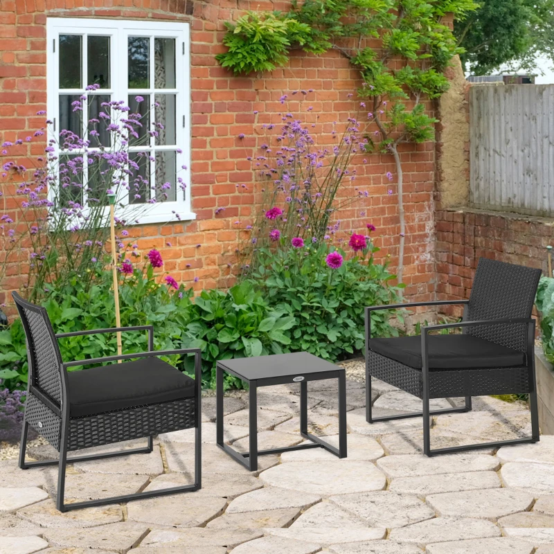 Outsunny 3 Pieces Rattan Patio Sets Bistro Table Set Conversation Set All Weather w/ Cushion