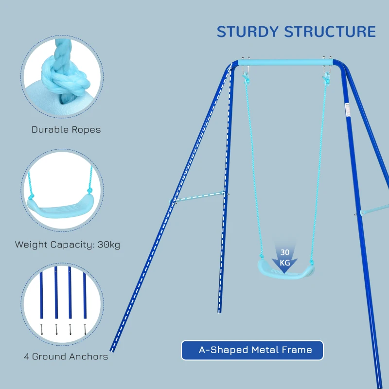 Outsunny Metal Swing Set with Durable Rope Heavy Duty A-Frame Stand Backyard Outdoor Playset for Kids Fun 3-6 Years Old Blue