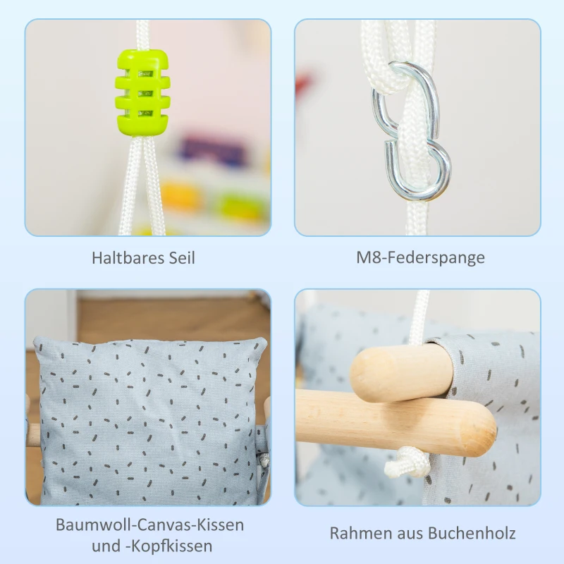 Outsunny Kinderschaukel mit Sicherheitsgurt Kissen faltbare Babyschaukel Kleinkindschaukel Babysitz Baumwolle Pappelholz Grau 40 x 40B x 180H cm