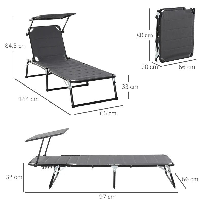 Outsunny Foldable Reclining Sun Lounger with Canopy Lounge Chair Camping Folding Bed Cot 5-Position Adjustable Back for Patio Garden Beach Pool Grey