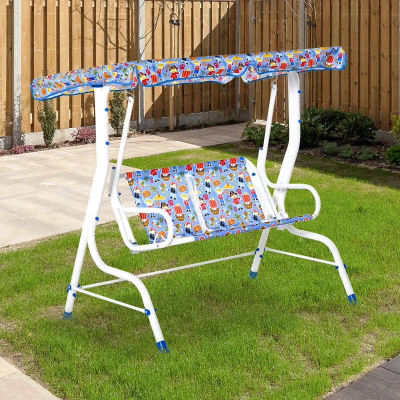 OUTSUNNY 2-Seat Kids Canopy Swing Chair Toddler Outdoor Glider Hammock Lounge with Shade Awning Seat Belt for Porch Backyard Pirate Pattern 43.25" x 27.5" x 43.25"