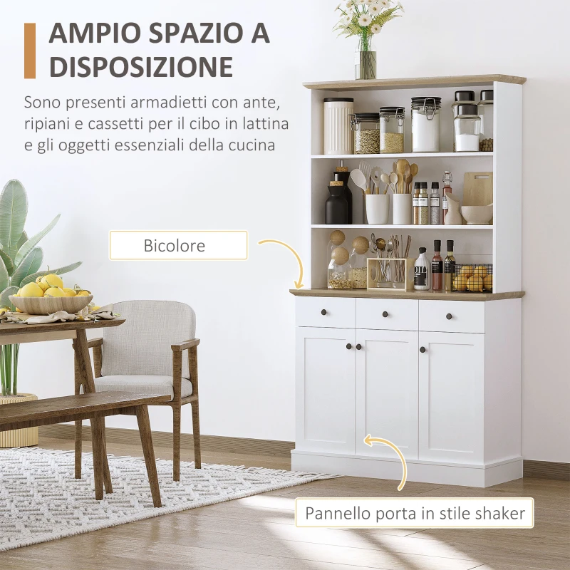 HOMCOM Credenza da Cucina in Legno Bianco con 3 Ripiani, 3 Cassetti e 2 Armadietti 101x39x180.5 cm