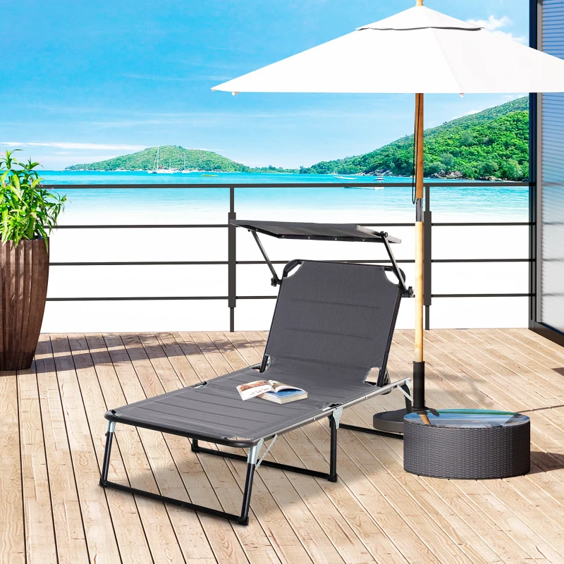 Outsunny Foldable Reclining Sun Lounger with Canopy Lounge Chair Camping Folding Bed Cot 5-Position Adjustable Back for Patio Garden Beach Pool Grey