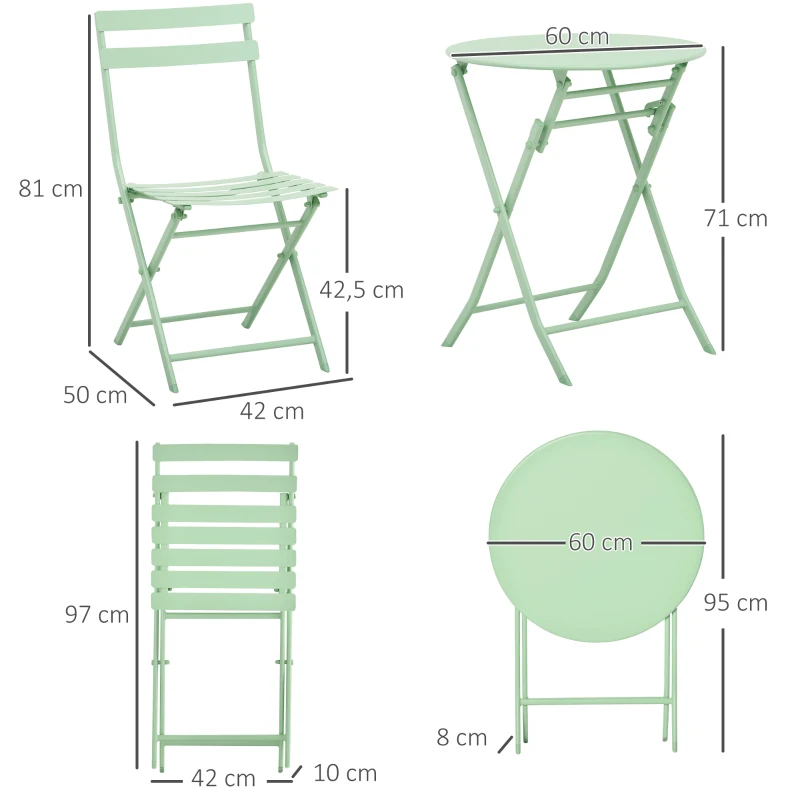 Outsunny 3 Pieces Patio Bistro Conversation Coffee Set Foldable Garden Table & Chair for Outdoor Yard Porch Poolside Balcony Green