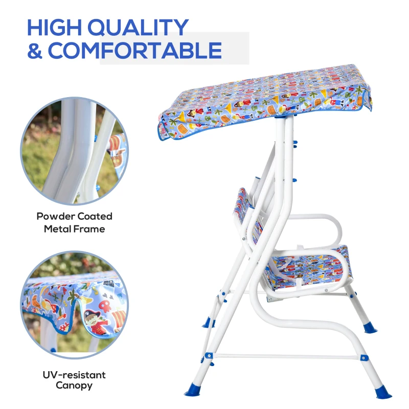OUTSUNNY 2-Seat Kids Canopy Swing Chair Toddler Outdoor Glider Hammock Lounge with Shade Awning Seat Belt for Porch Backyard Pirate Pattern 43.25" x 27.5" x 43.25"