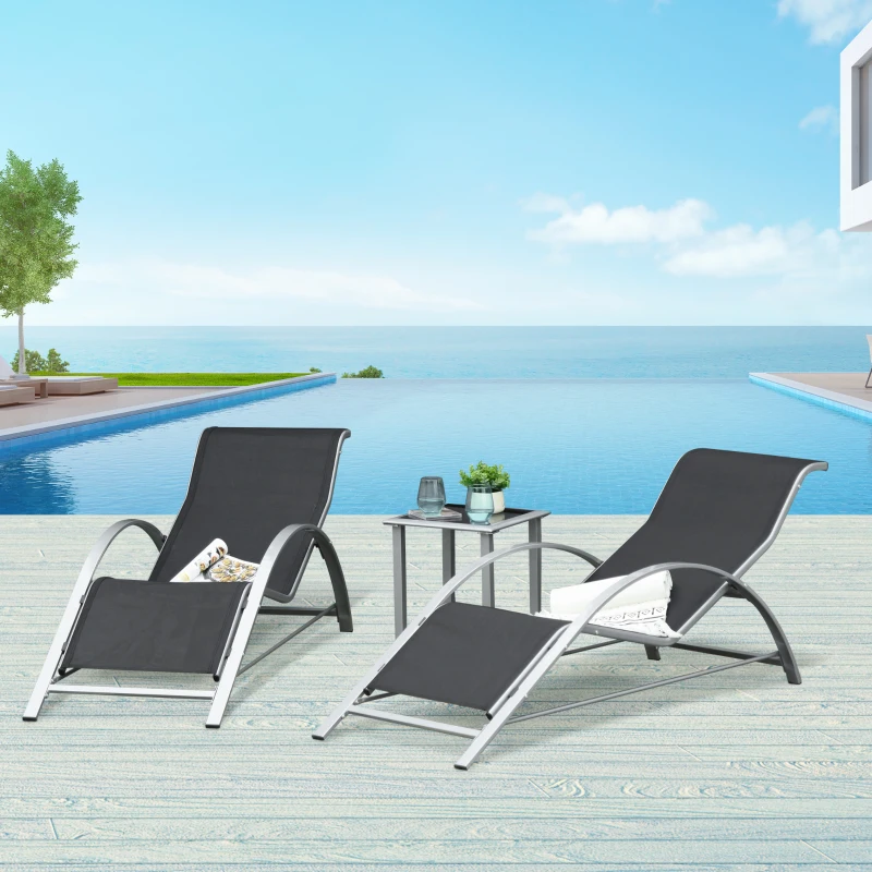 Outsunny 3 Pieces Sun Lounger Chair Set - Metal Frame Garden Outdoor Sunbathing Chair with Side Table and Armrest, Black