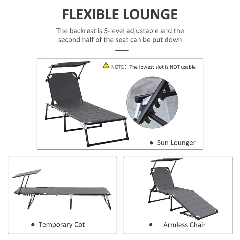 Outsunny Foldable Reclining Sun Lounger with Canopy Lounge Chair Camping Folding Bed Cot 5-Position Adjustable Back for Patio Garden Beach Pool Grey