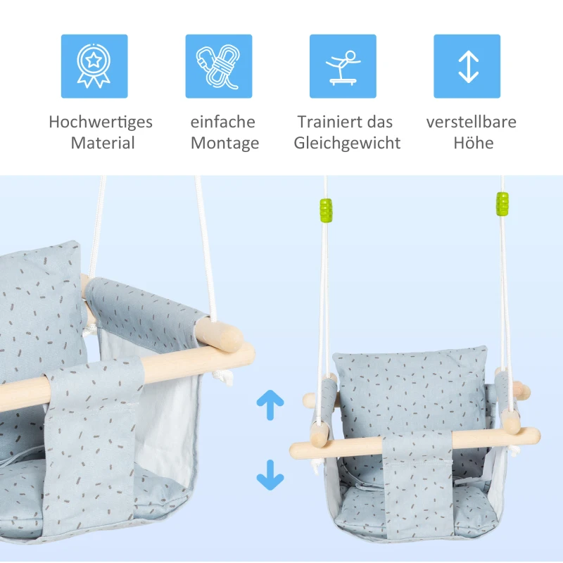 Outsunny Kinderschaukel mit Sicherheitsgurt Kissen faltbare Babyschaukel Kleinkindschaukel Babysitz Baumwolle Pappelholz Grau 40 x 40B x 180H cm