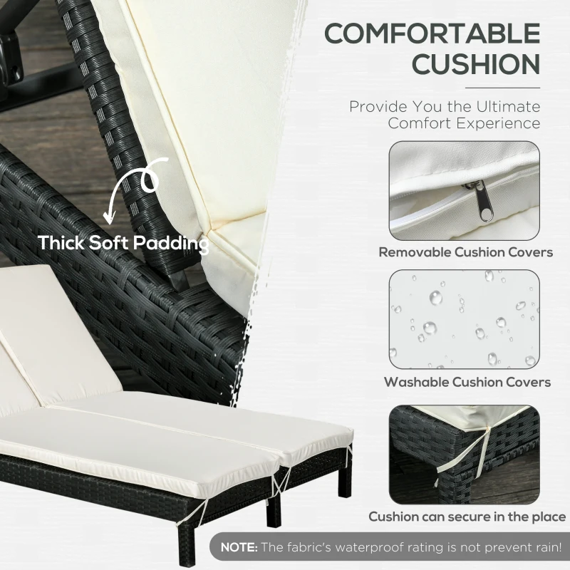 Outsunny 2 Person Rattan Wicker Adjustable Chaise Lounge Chair with Cushions Black/Cream White