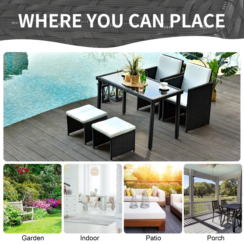 Outsunny Set Mobila de Gradina Rattan 5 Buc Masa 2 Scaune 2 Taburet cu Perne Combinate Rectangulare, Negru