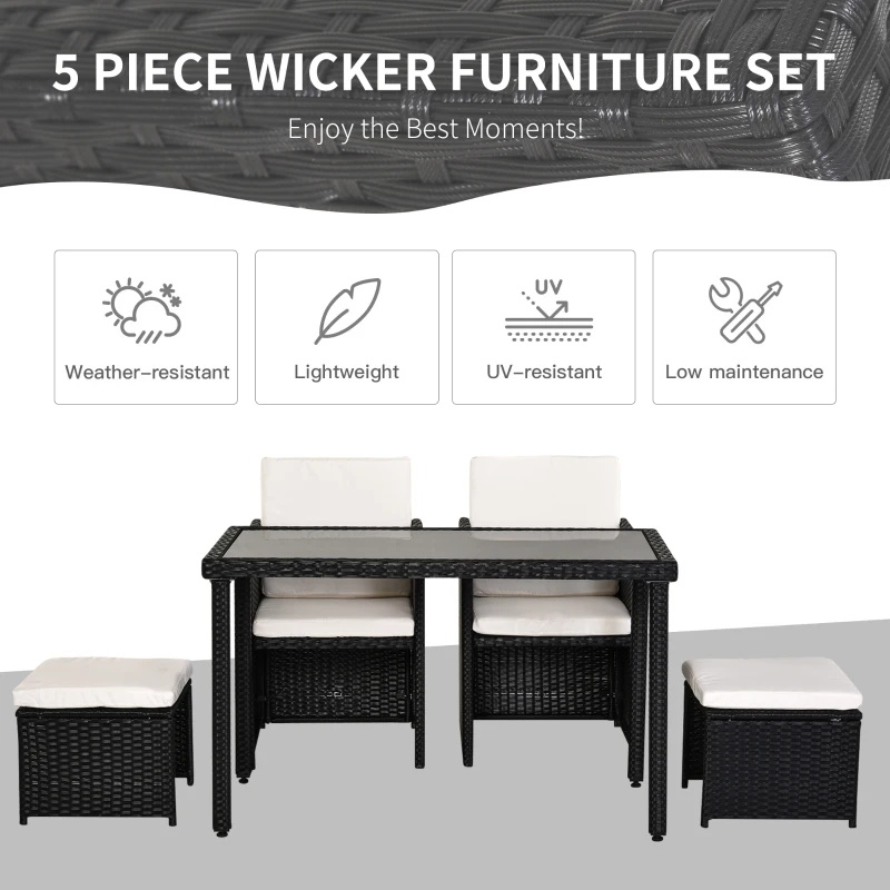 Outsunny Set Mobila de Gradina Rattan 5 Buc Masa 2 Scaune 2 Taburet cu Perne Combinate Rectangulare, Negru