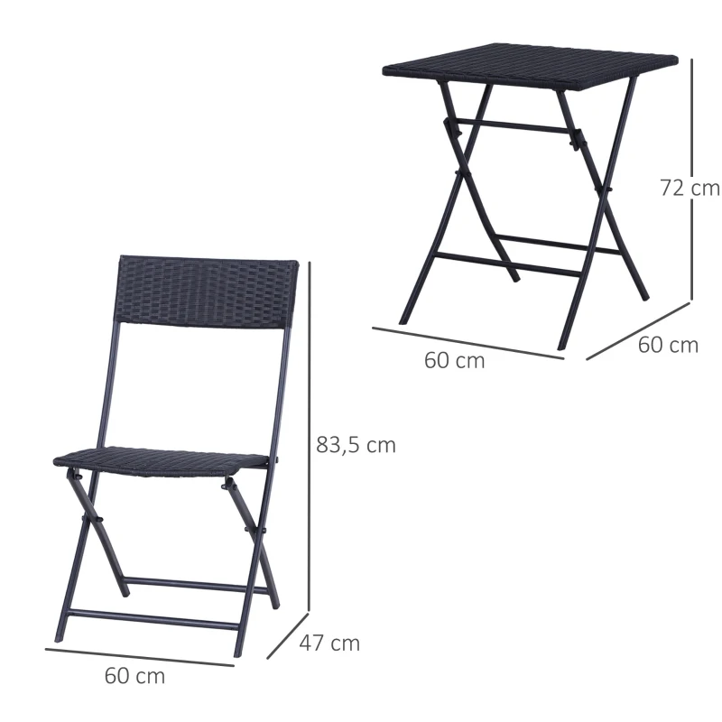 Outsunny Set Mobilier pentru Grădină din Poly Ratan 3buc Set Masă și 2 Scaune pentru Grădină Pliabile Negru