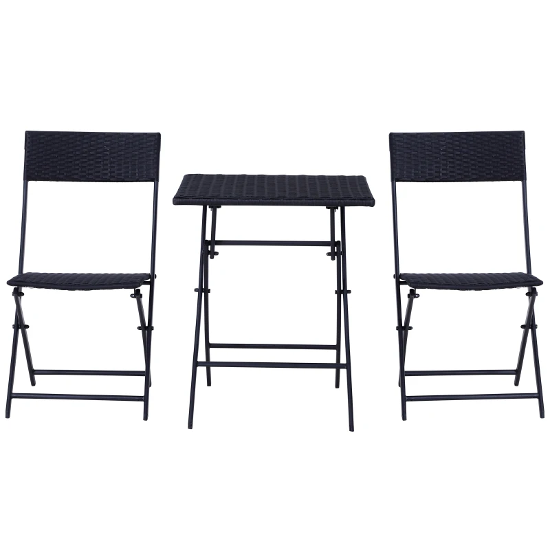 Outsunny Set Mobilier pentru Grădină din Poly Ratan 3buc Set Masă și 2 Scaune pentru Grădină Pliabile Negru