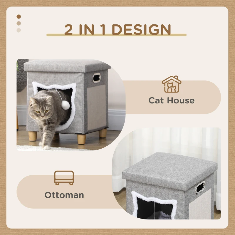 PawHut Cat House Cave, Cat Bed Cube with Scratching Pad, Soft Detachable & Washable Cushion, Toy Ball, for Indoor Kittens, Grey