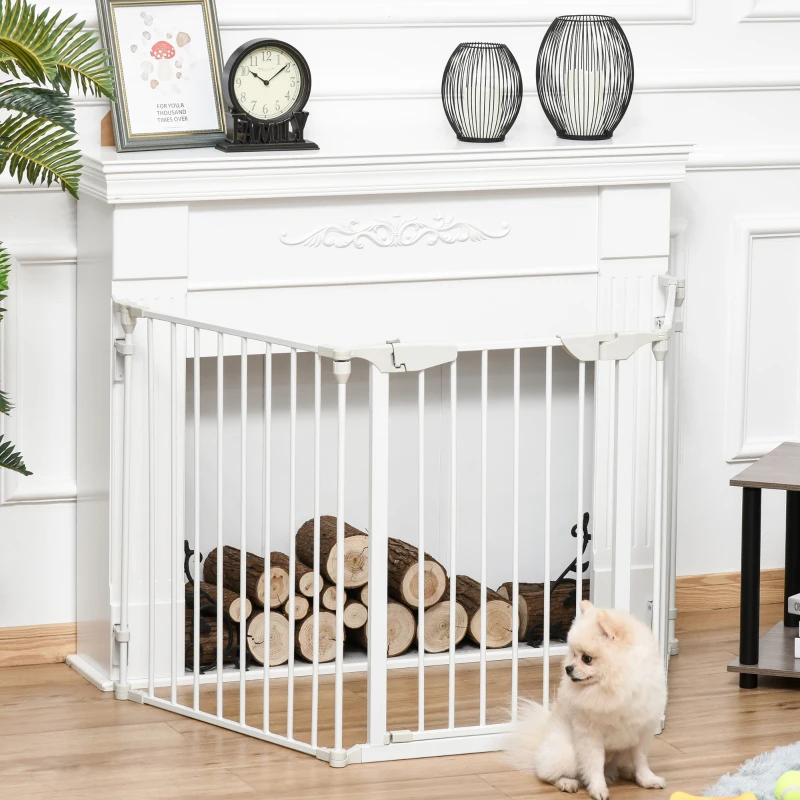 PawHut Pet Safety Gate, 3 Panels Playpen Fireplace, Metal Fence, Stair Barrier, Room Divider w/ Walk-Through Door - White(m-12)