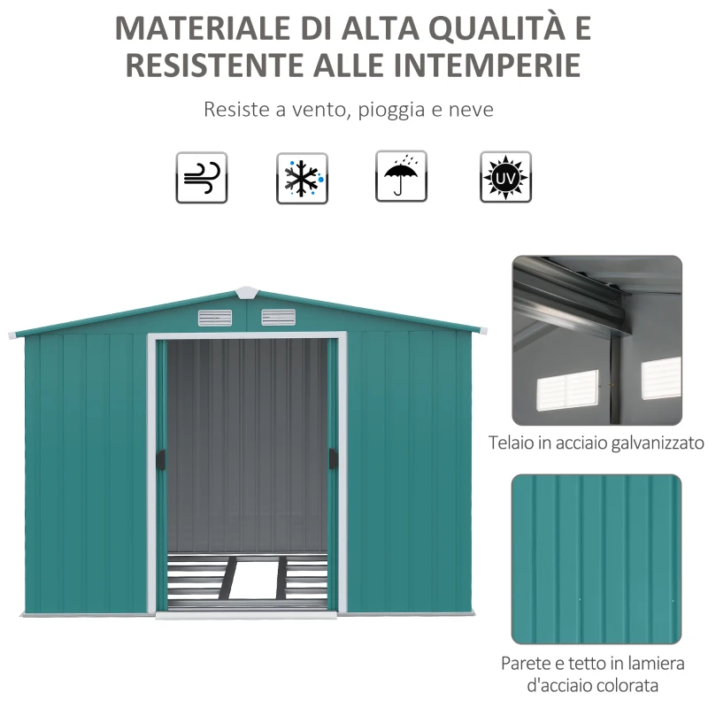 Outsunny Casetta da Giardino Porta Utensili in Lamiera di Acciaio con Porte Scorrevoli, 260x206x179 cm, Verde