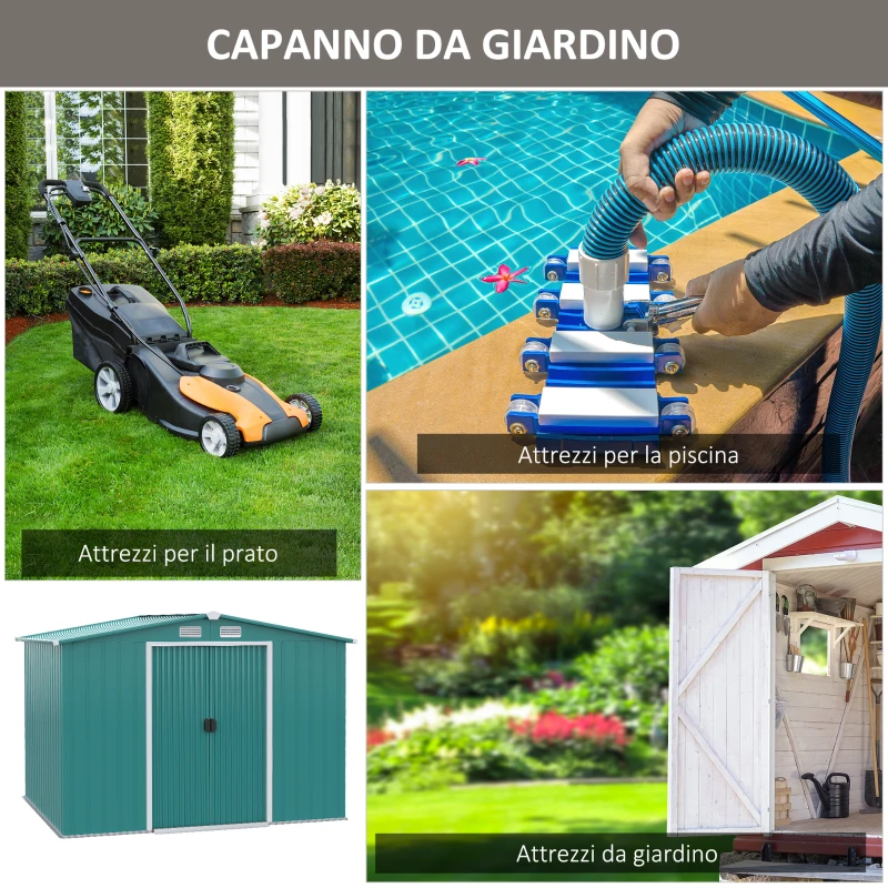 Outsunny Casetta da Giardino Porta Utensili in Lamiera di Acciaio con Porte Scorrevoli, 260x206x179 cm, Verde