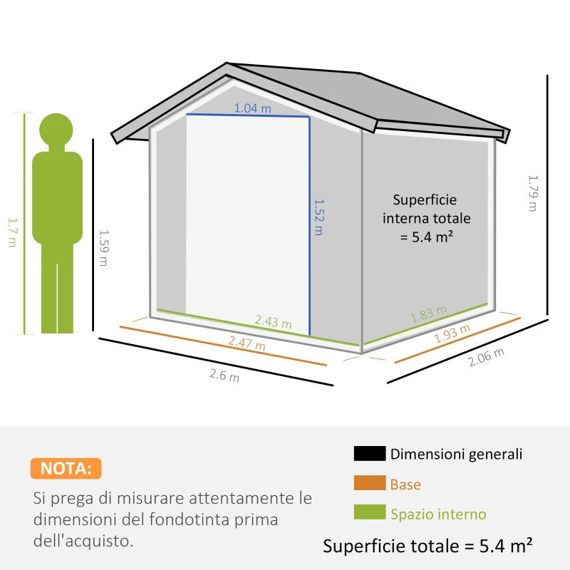 Outsunny Casetta da Giardino Porta Utensili in Lamiera di Acciaio con Porte Scorrevoli, 260x206x179 cm, Verde