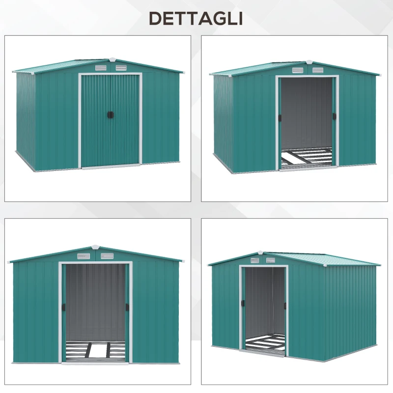 Outsunny Casetta da Giardino Porta Utensili in Lamiera di Acciaio con Porte Scorrevoli, 260x206x179 cm, Verde