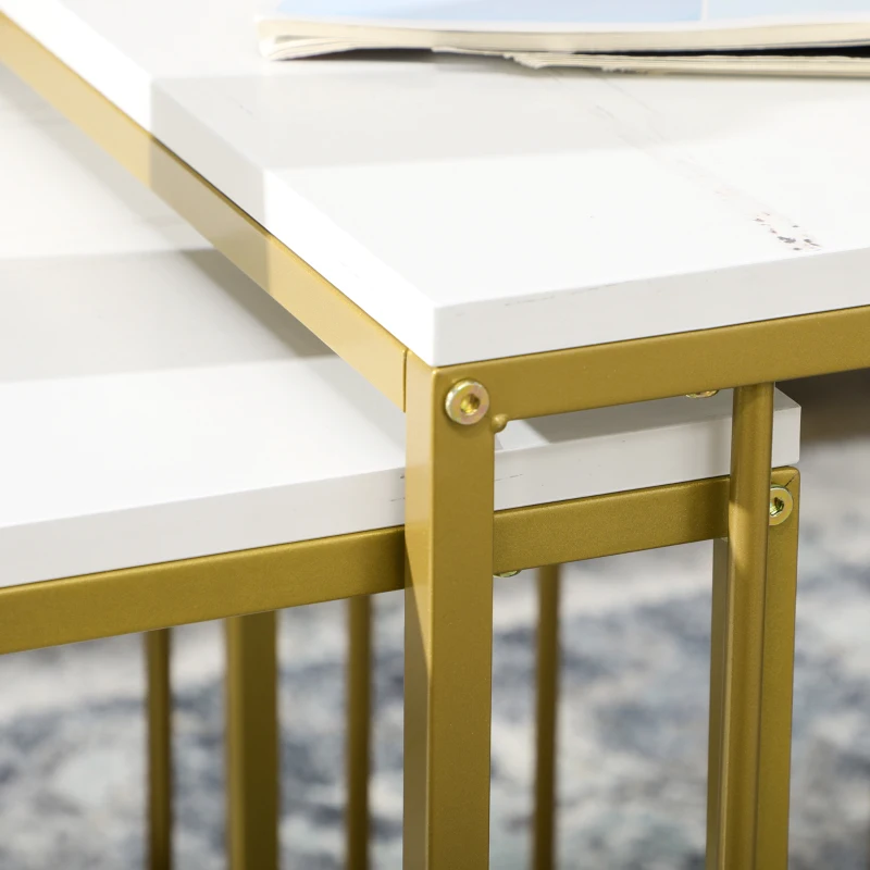 HOMCOM Lot de 2 tables basses gigognes carrés - plateau blanc aspect marbre et pied en métal doré