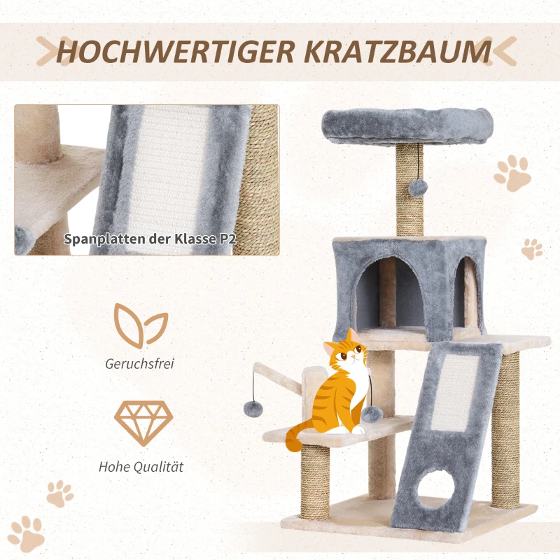 Drapak dla kota domek z tunelem drzewko do wspinania słupek do drapania sizal szary 48 x 49 x 108 cm PawHut®