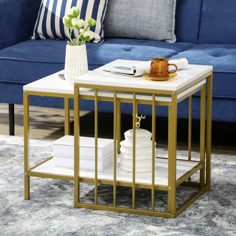 HOMCOM Lot de 2 tables basses gigognes carrés - plateau blanc aspect marbre et pied en métal doré