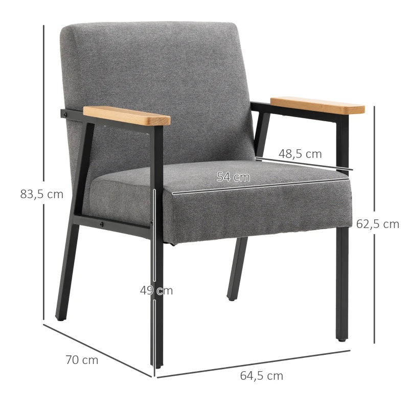HOMCOM Poltrona Moderna Estofada em Poliéster com Apoio para os Braços de Madeira e Pés de Aço 64x5x70x83,5 cm Cinza