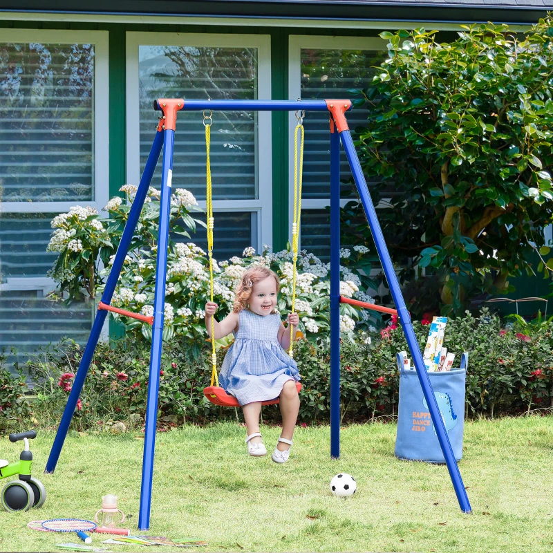Outsunny Metal Swing Set with Seat Adjustable Rope Heavy Duty A-Frame Stand Backyard Outdoor Playset for Kids Fun 3-8 Years Old Blue