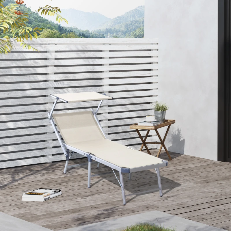 Outsunny Garden Sun Lounger Texteline Chaise Lounge Reclining Chair with Canopy Adjustable Backrest Bed Aluminium Frame - Beige