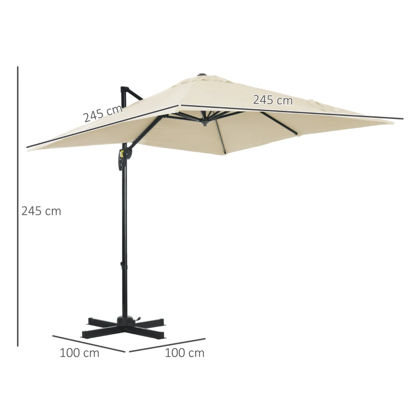 Outsunny Chapéu de Sol de Jardim Chapéu de Sol Excêntrico com Rotação 360° Inclinação de 5 Níveis com Manivela 245x245x245 cm Creme