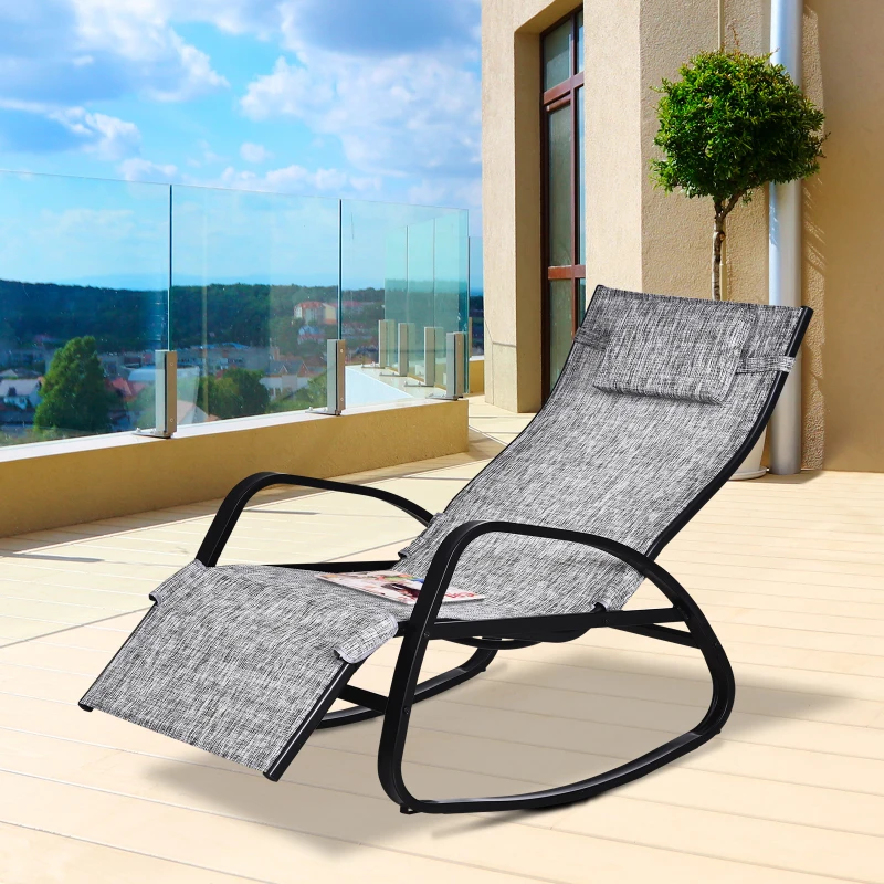 Outsunny Patio Adjustable Textilene Rocking Lounge Chair Zero Gravity Rocker Outdoor Recliner Seat w/ Pillow, Footrest