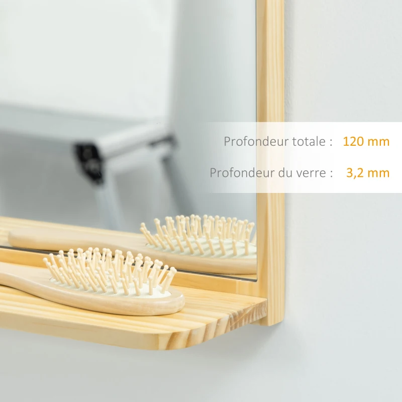 HOMCOM Miroir mural avec étagère en bois de pin pour salon chambre ou dressing 56 x 71,6 x 12 cm