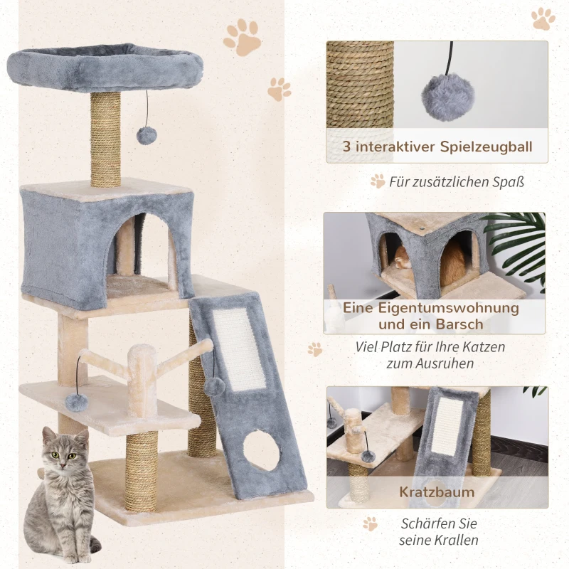 Drapak dla kota domek z tunelem drzewko do wspinania słupek do drapania sizal szary 48 x 49 x 108 cm PawHut®