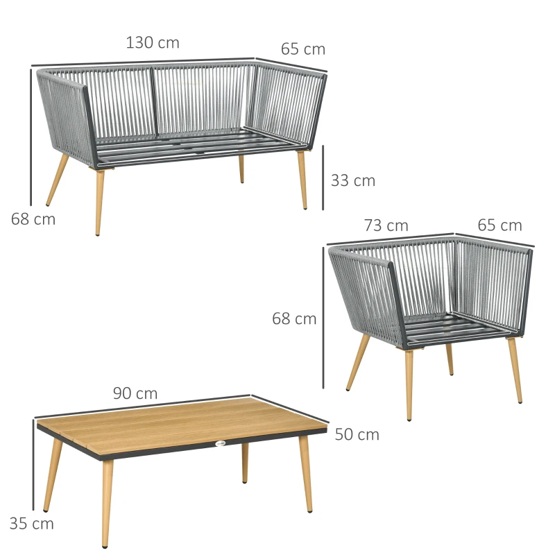 Outsunny Conjunto de Móveis de Jardim de Vime 4 Peças com Sofá de 2 Lugares 2 Poltronas e Mesa de Centro Cinza