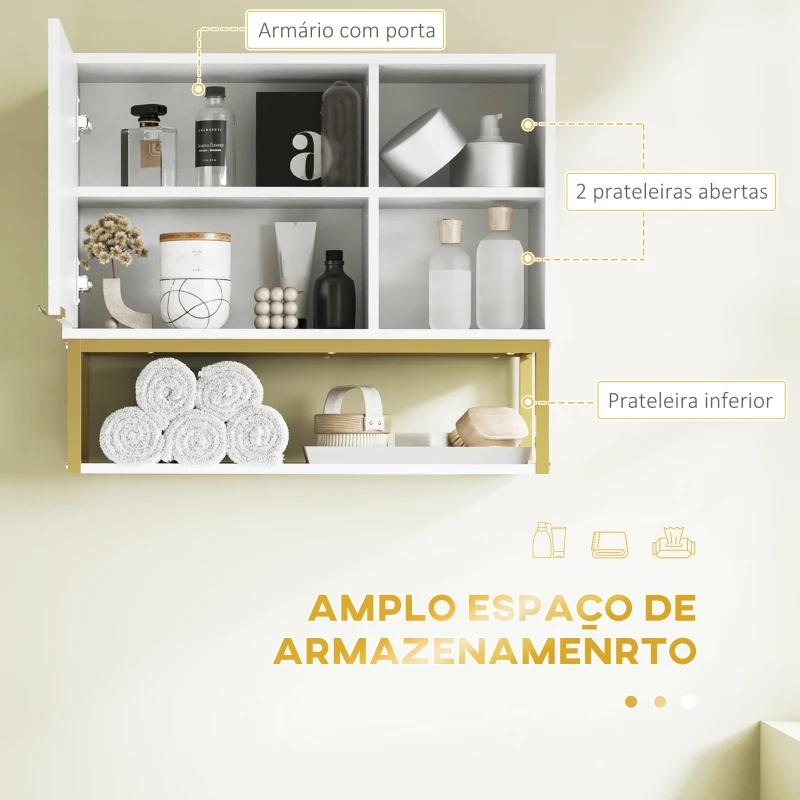 kleankin Armário de Parede Casa de Banho com Porta Prateleira Ajustável e Armazenamento Inferior 60x20x51 cm Branco