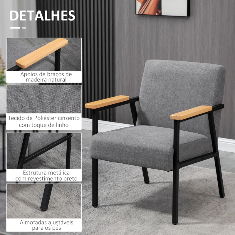 HOMCOM Poltrona Moderna Estofada em Poliéster com Apoio para os Braços de Madeira e Pés de Aço 64x5x70x83,5 cm Cinza