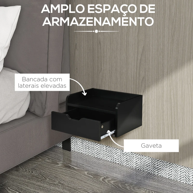 HOMCOM Conjunto de 2 Mesas de Cabeceira de Parede Mesas de Cabeceira Flutuantes com 1 Gaveta 40x30x19,5 cm Preto