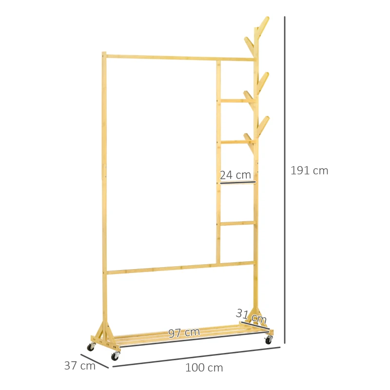 HOMCOM Suporte para Cabides de Bambu com Rodas Porta Cabides Multifuncional com 6 Ganchos Barra e Prateleira 100x37x191 cm Madeira