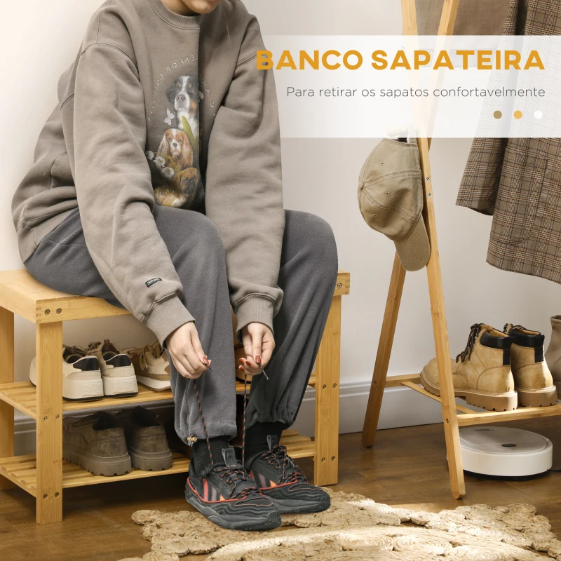 HOMCOM Banco Sapateira de Bambu Organizador de Sapatos com 2 Prateleiras para 6-9 Pares de Sapatos 70x28x45 cm Madeira