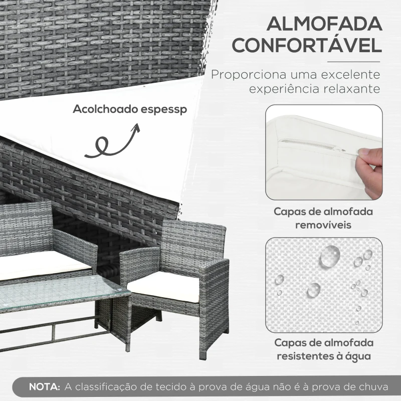 Outsunny Conjunto Móveis de Jardim de Vime Conjunto de 4 Peças Incluindo 1 Sofá de 2 Lugares 2 Poltronas e 1 Mesa de Centro Cinza