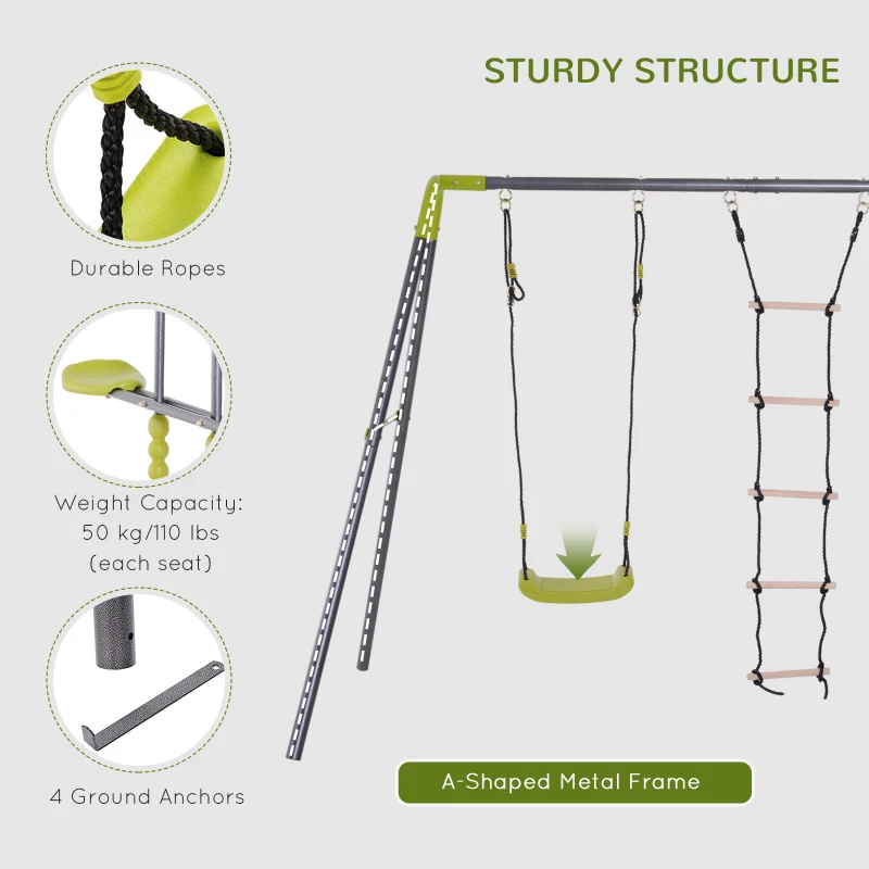 HOMCOM A Frame Kids Metal Swing Set Swing Chair & Glider Climbing Ladder Set for Backyard Playground