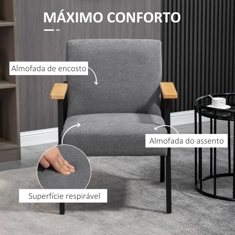 HOMCOM Poltrona Moderna Estofada em Poliéster com Apoio para os Braços de Madeira e Pés de Aço 64x5x70x83,5 cm Cinza
