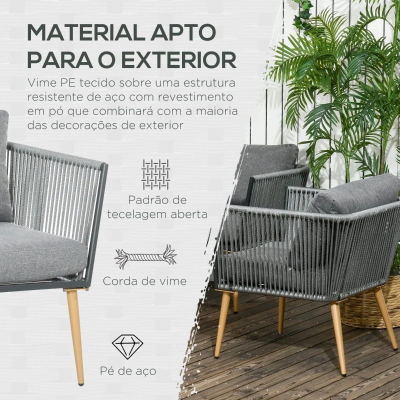 Outsunny Conjunto de Móveis de Jardim de Vime 4 Peças com Sofá de 2 Lugares 2 Poltronas e Mesa de Centro Cinza