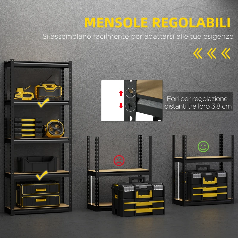 HOMCOM Scaffalatura Industriale a 5 Livelli, Set 2 Pezzi in MDF e Acciaio con Ripiani Aperti e Regolabili, 70x30x167.5 cm