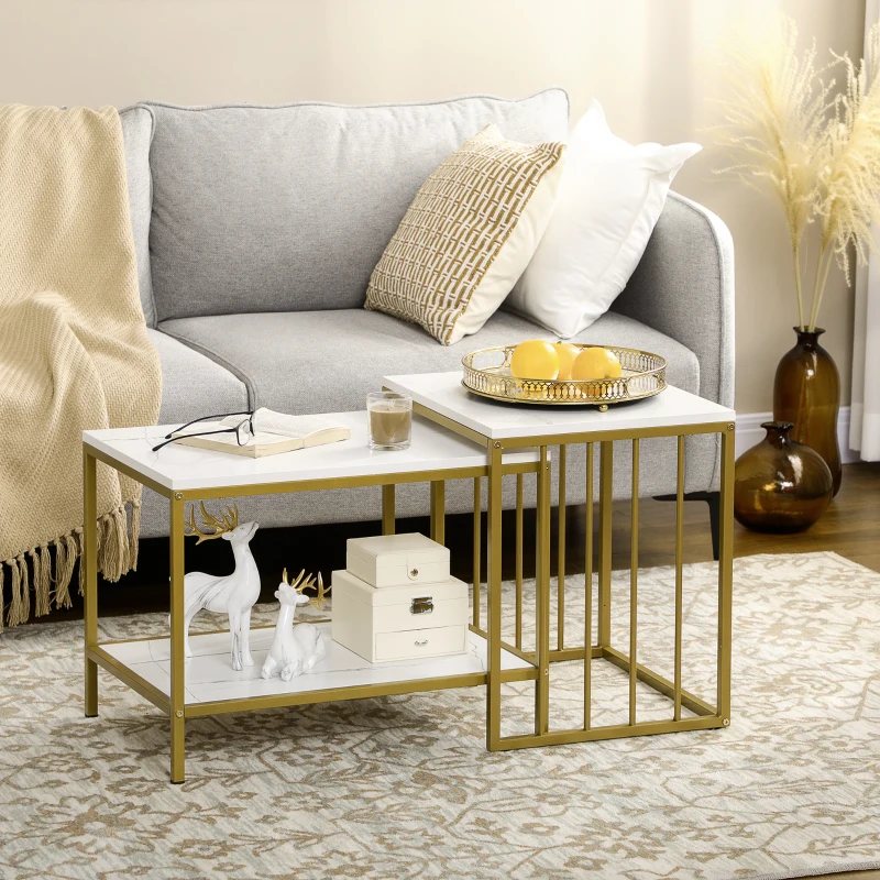 HOMCOM Lot de 2 tables basses gigognes carrés - plateau blanc aspect marbre et pied en métal doré